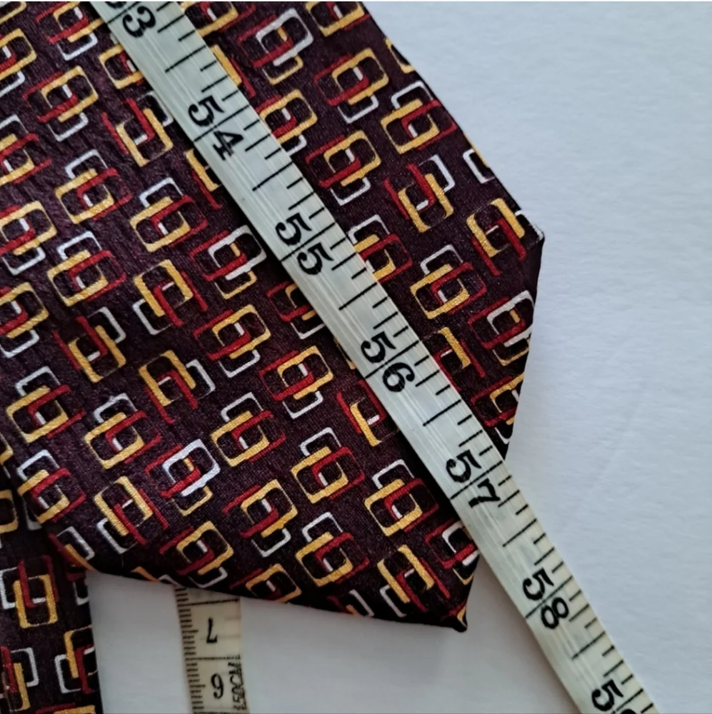 LeVieux Commandant Silk Brown Gold White Red Interlock Squares Tie